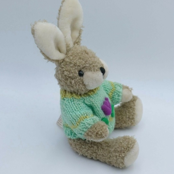 Vintage HugFun 1999 Plush Bunny Rabbit&Cow 10" Doll Flower Knitted Teal Sweater - Picture 6 of 10